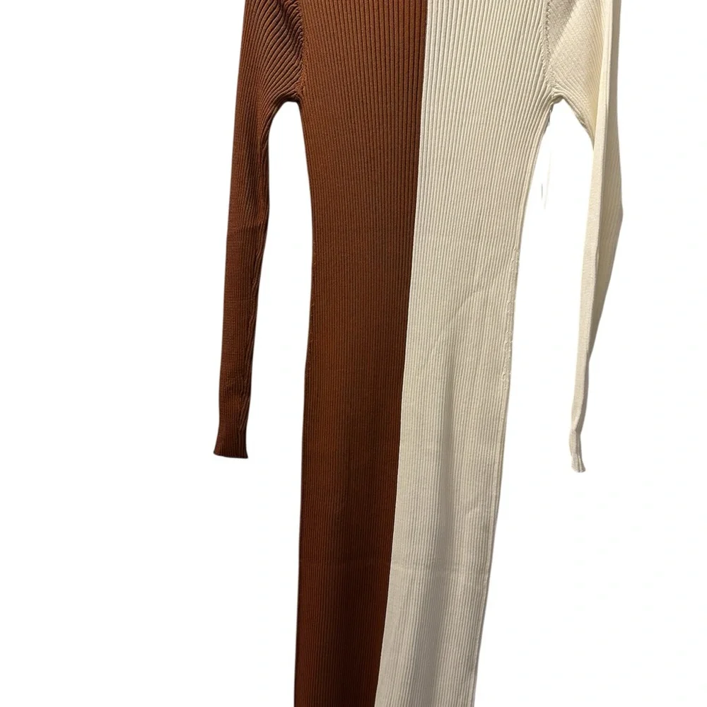 STAUD Long Sleeve Knit Dress in Cream and Brown Sz L - Picture 2 of 7